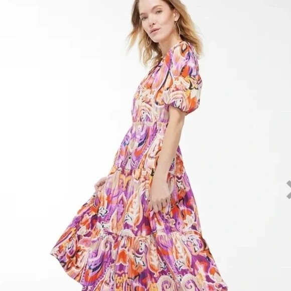 Chico's Dresses & Skirts - Chico's NWT 40th Anniversary Puff Sleeve Tiered Paisley Print Midi Dress Size 16